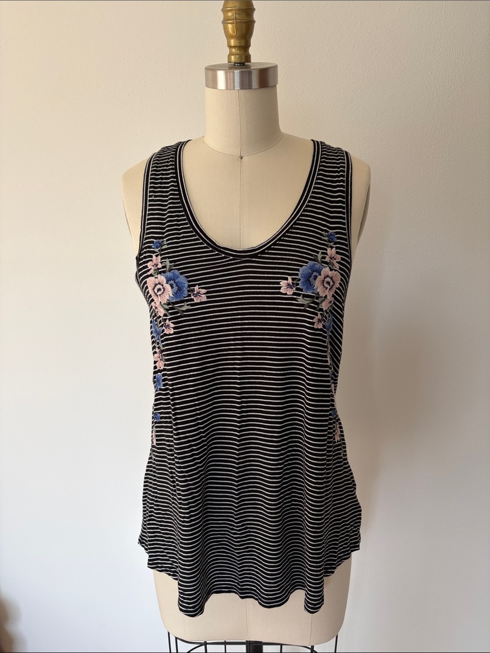 Black Striped Tank Top with Blue & Pink Floral Embroidery